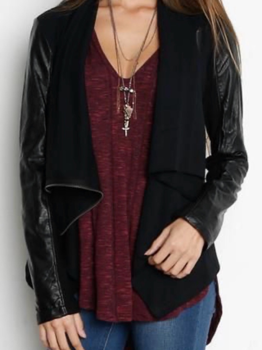 Vintage Havana Faux-Leather Sleeve Draped Jacket